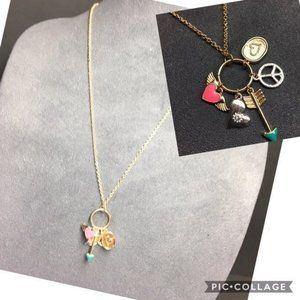 Gold Charm Pendant Necklace Hoop Heart Wings Peace Arrow Pink Turquoise BoHo